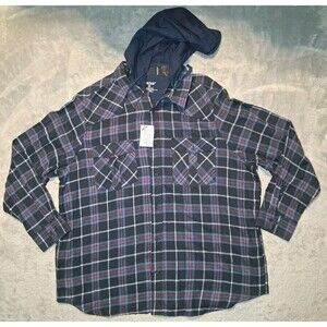 King Size Brand Flannel Button Down Hooded Shirt Long Sleeve Men's 2XL Big